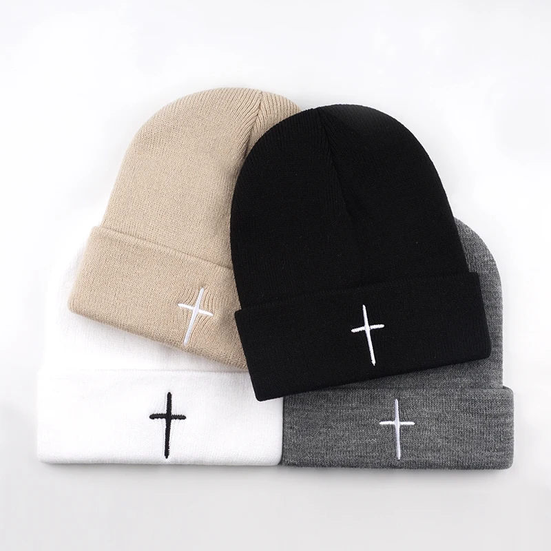 2-Pack Cross-Embroidered Adult Knit Hats: Stylish, Stretchy, and Warm Beanie-Style Hats for Everyday Use, Travel, and Shopping