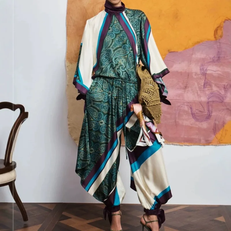 2026 Autumn New Arrival Ladies Unique Design Satin Matching Set, Floral Print Tie Waist Long Sleeve Top and Long Pants