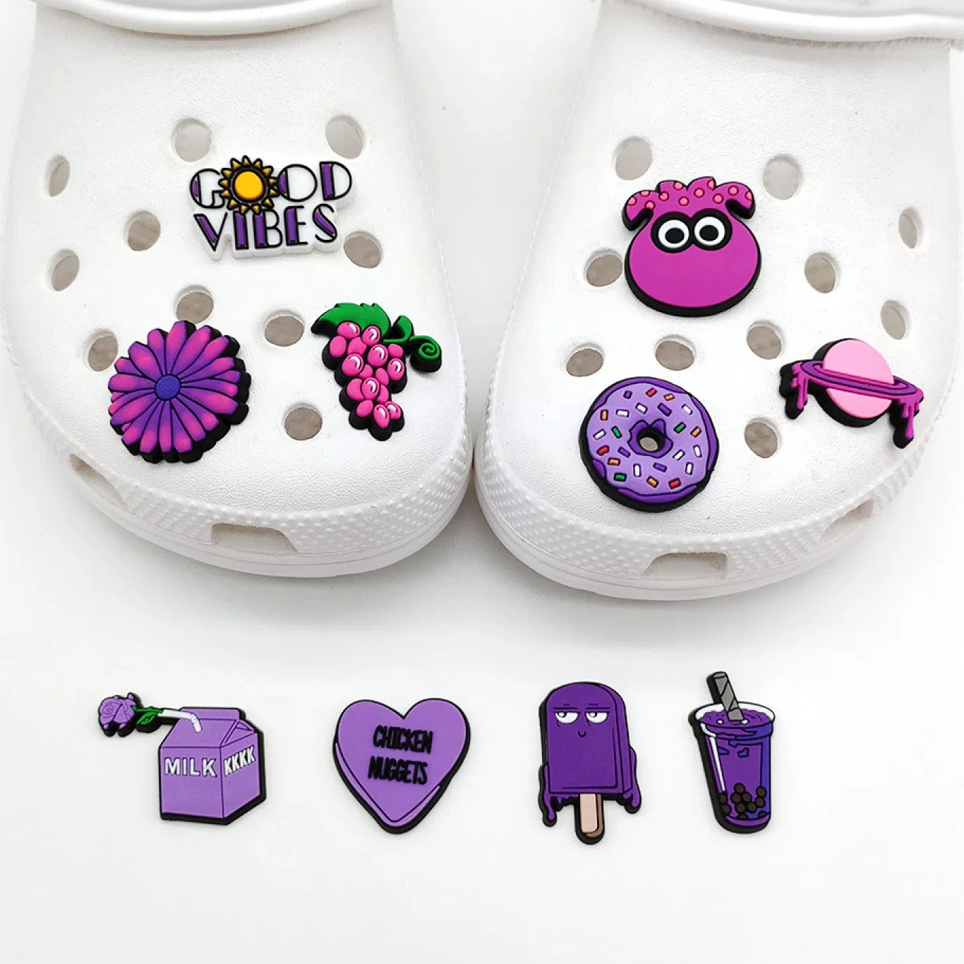 1pcs/10pcs Purple Theme Flower Snacks Shoe Charms PVC Accessories Packs for Clogs Buckle Slippers Decoration Kids Women Party