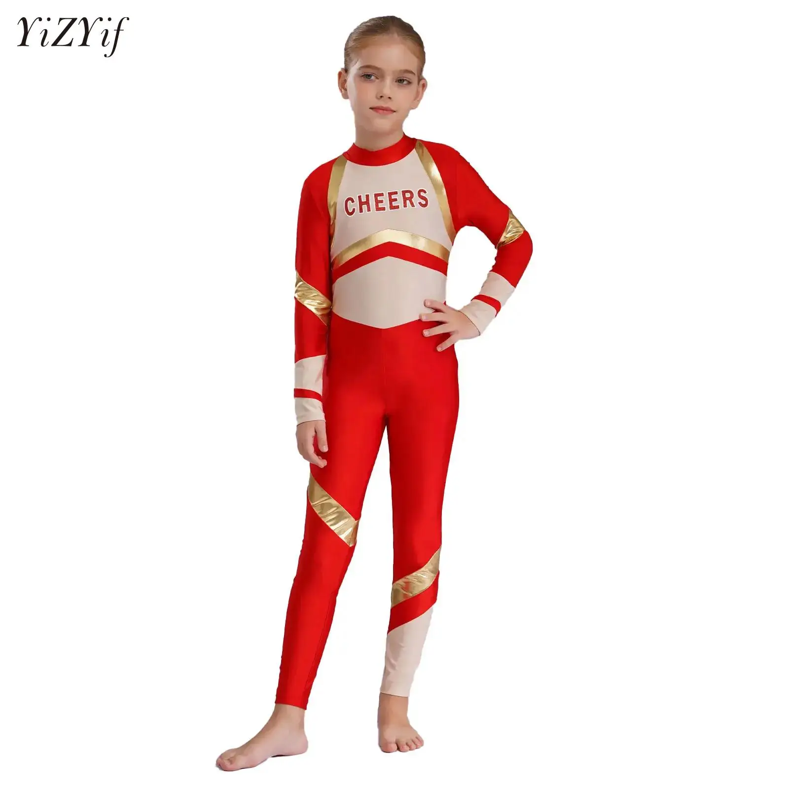 

Girls Dance Unitards Jumpsuits Cheerleading Costume Letter Print Long Sleeve Gymnastics Bodysuit Cheer Leader Team Uniform
