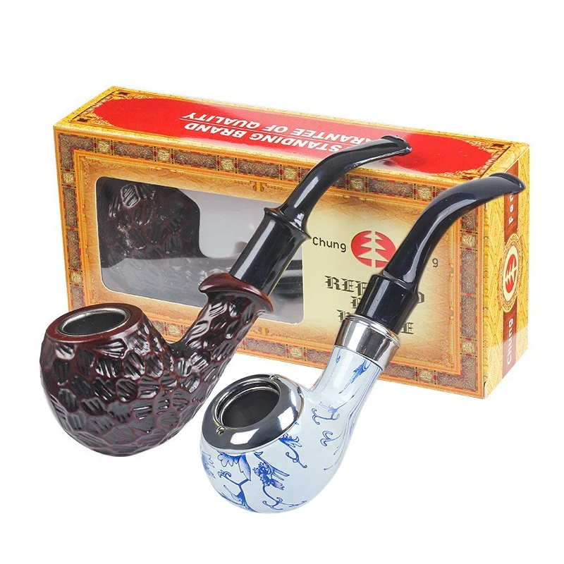 Best Gift Blue and White Porcelain Pattern Pipe Tobacco Pipe Set Wooden Tobacco Pipe Smoking Accessories Herb Chimney Filter