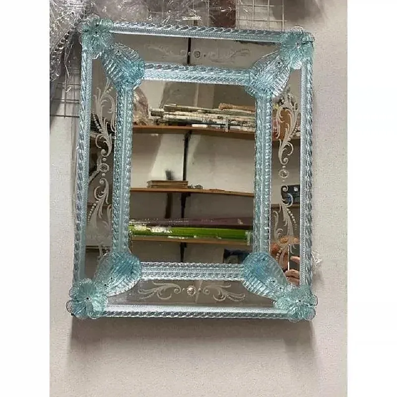 Elegant Vintage European Square Wall Mounted Vanity Mirror with Blue Carved Frame Bathroom Decor