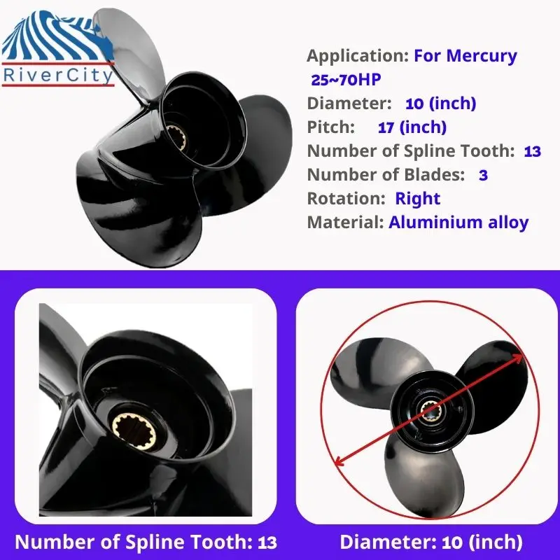 For Mercury  50hp 60hp 70hp 75hp Outboard Propeller 10x17 Boat Motor Aluminum Alloy Screw Ship Marine Engine 3 Blade 13 Spline