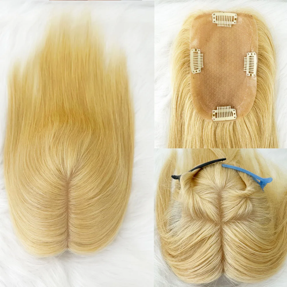 

9X14cm Silicone Skin Silk Base Topper #613 Blonde Virgin Human Hair Women Toupee Clip In Hair Pieces with PU Around DIY Color