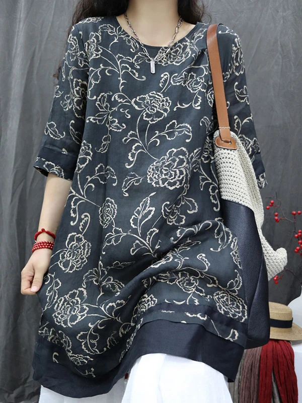 

Retro Print Midi T-irt plus Size Women's Casual round Ne Slimming Versatile Summer Top Large Size Women's Faion