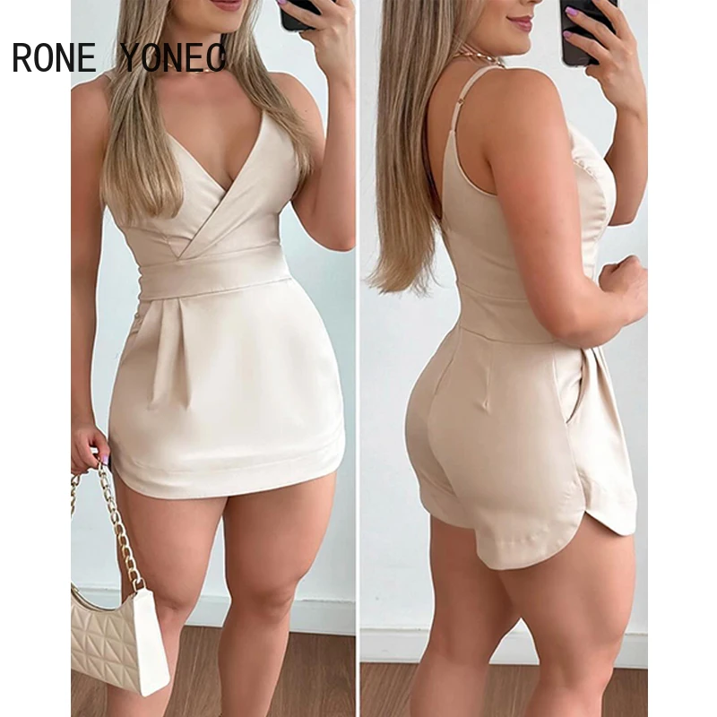 Women Solid Spaghetti Strap Sleeveless Deep V Neck Working Straight Rompers