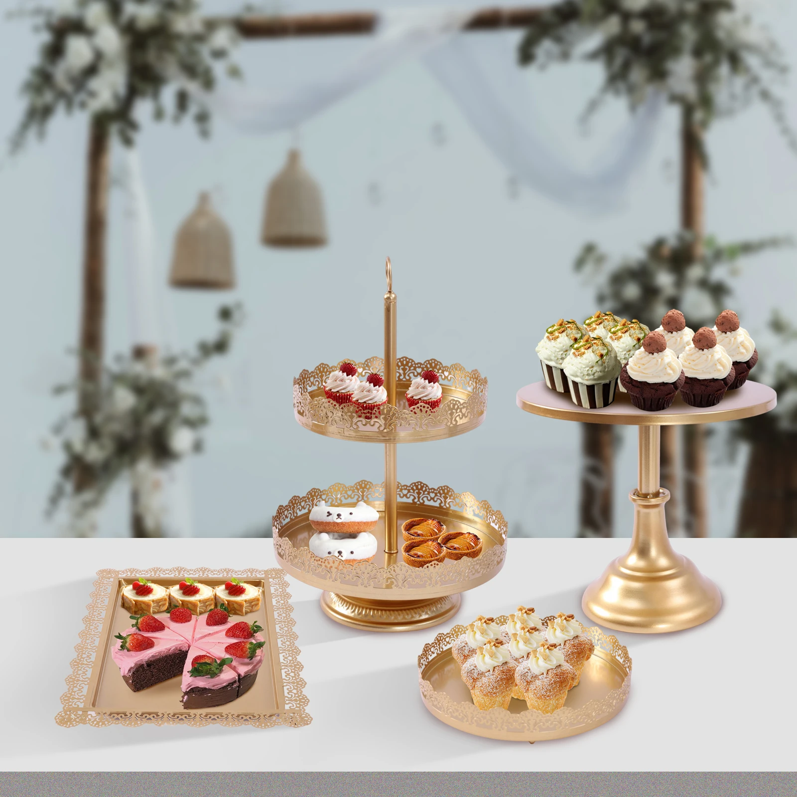 4pcs Gold Metal Cupcake Stand Dessert Plate Set Banquet Party Cake Stand Cupcake Stand Decor