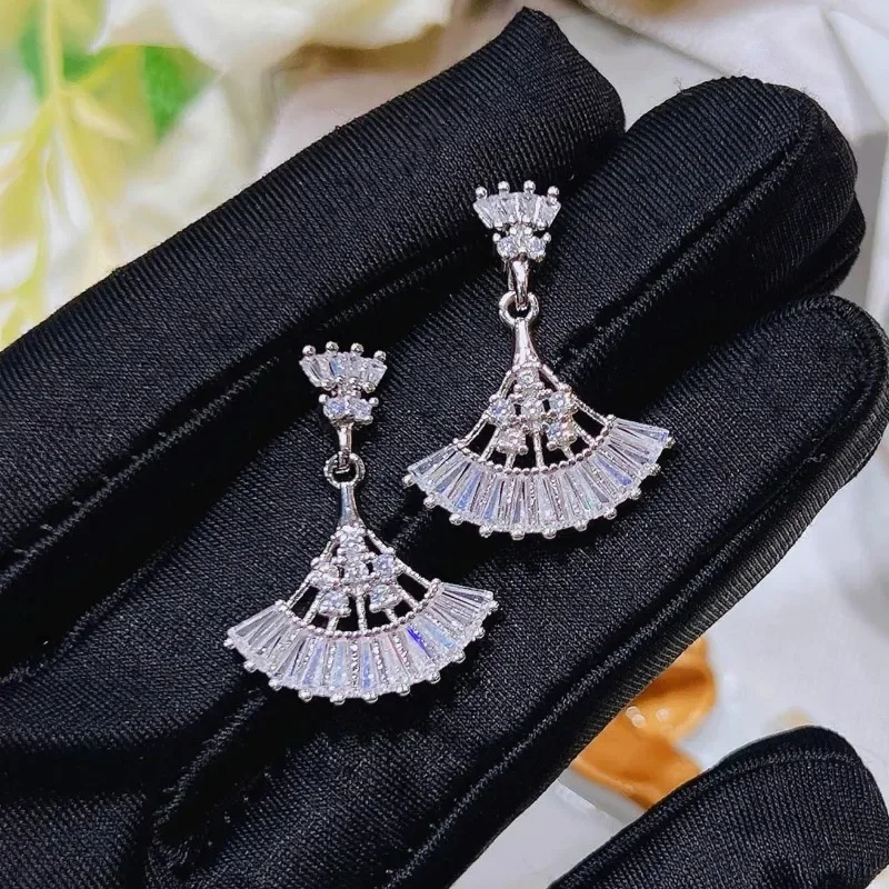 Simple Fashion Skirt Fan-Shaped Zircon Earings 925 Stamp High-End Luxury Party Wedding Earrings for Women Jewelry Gift