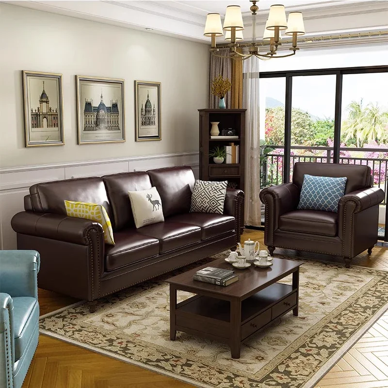 Luxury Genuine Leather Sofa Modern Corner Square Loveseat Reading Sofa Puffs European Muebles Para Salas Modernos Home Furniture