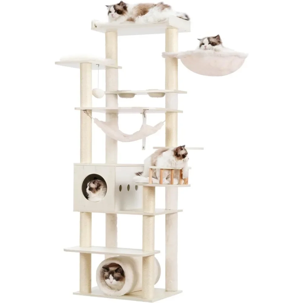 

64" Tall Wood Cat Tree for Large Indoor Cats - Modern Cat Condo with Scratching Post and Food Station