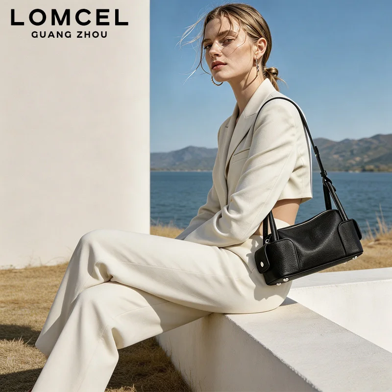 LOMCEL 233 Bowling ball single-shoulder bag - 2026 new model, top-grain cowhide casual Boston bag, genuine leather tote bag