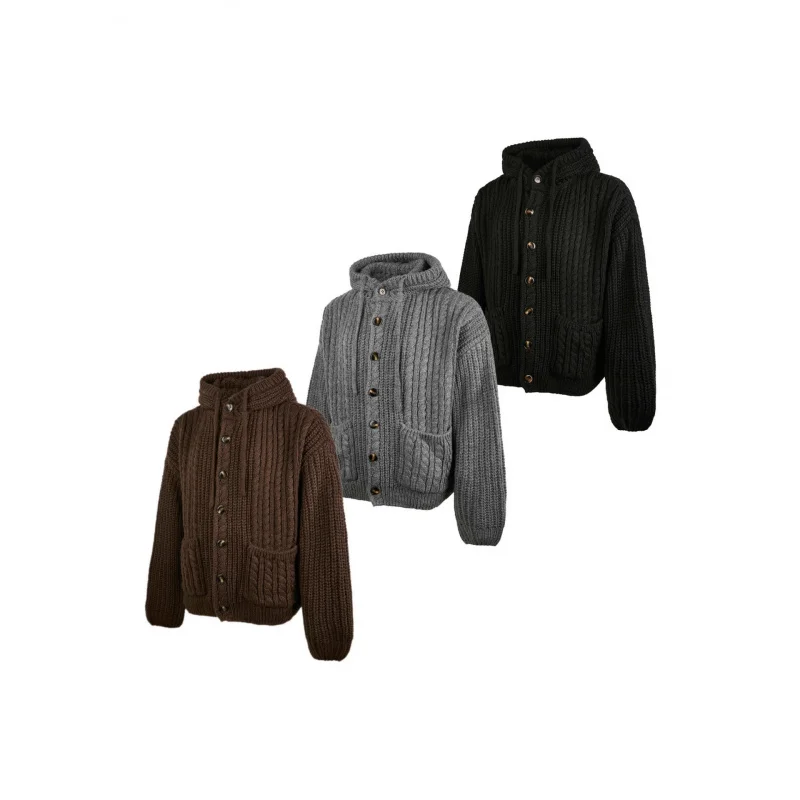 

EME Vintage Cable Knit Sweater Old Money Style Shell Button Loose Casual Lazy Hooded Cardigan Jacket