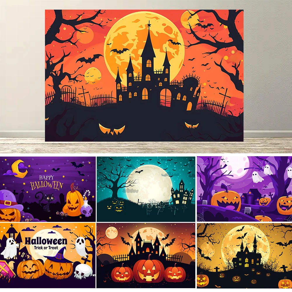 

Graveyard Skeleton Halloween Photography Background Old Castle Wild Night Moon Bat Pumpkin Lights Ghost Birthday Party Backdrop
