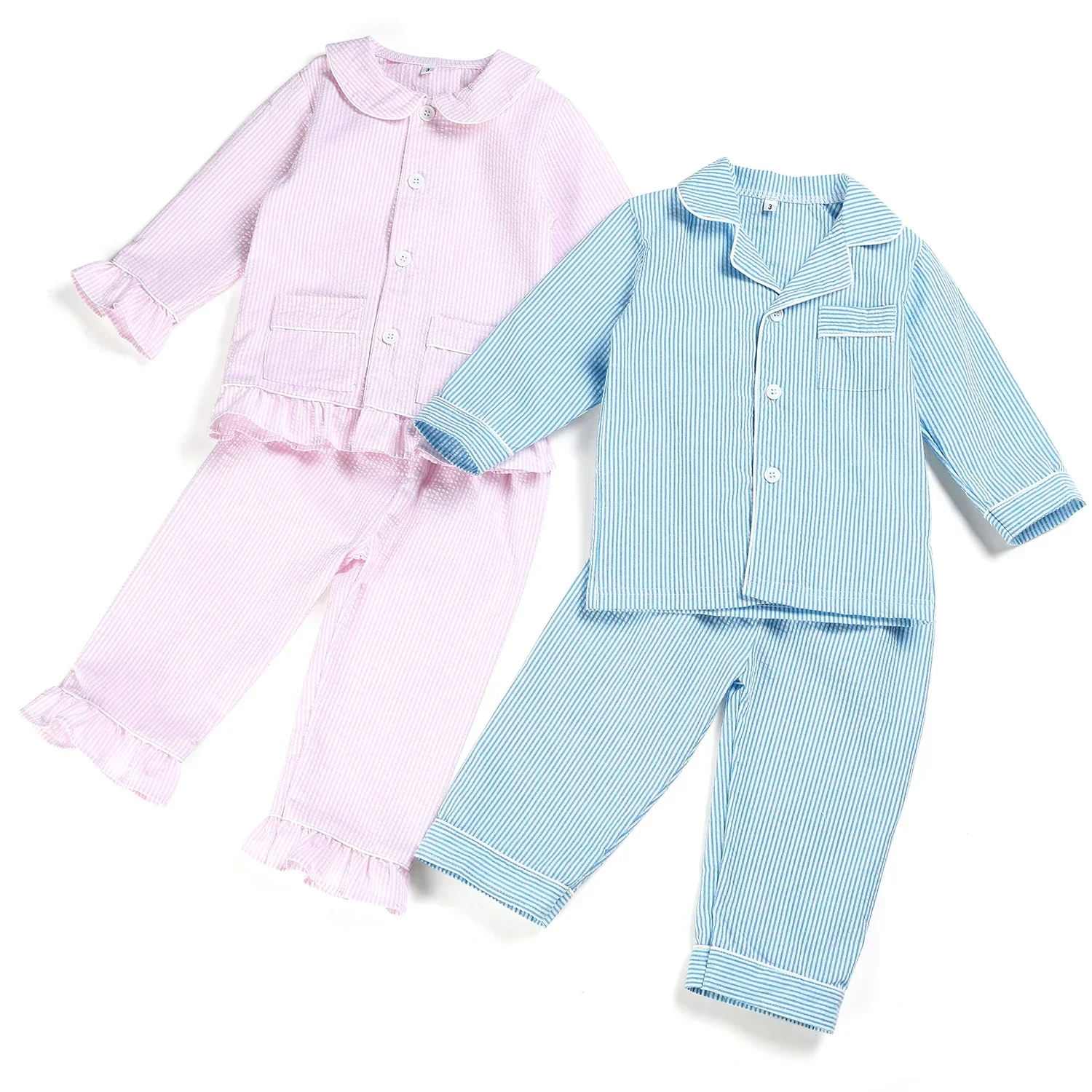 Ruffkids 100% bawełniane letnie piżamy dziecięce piżamy Seersucker pasiaki pasujące Pjs chłopięce ubrania Loungewear dziewczęce zestaw piżam