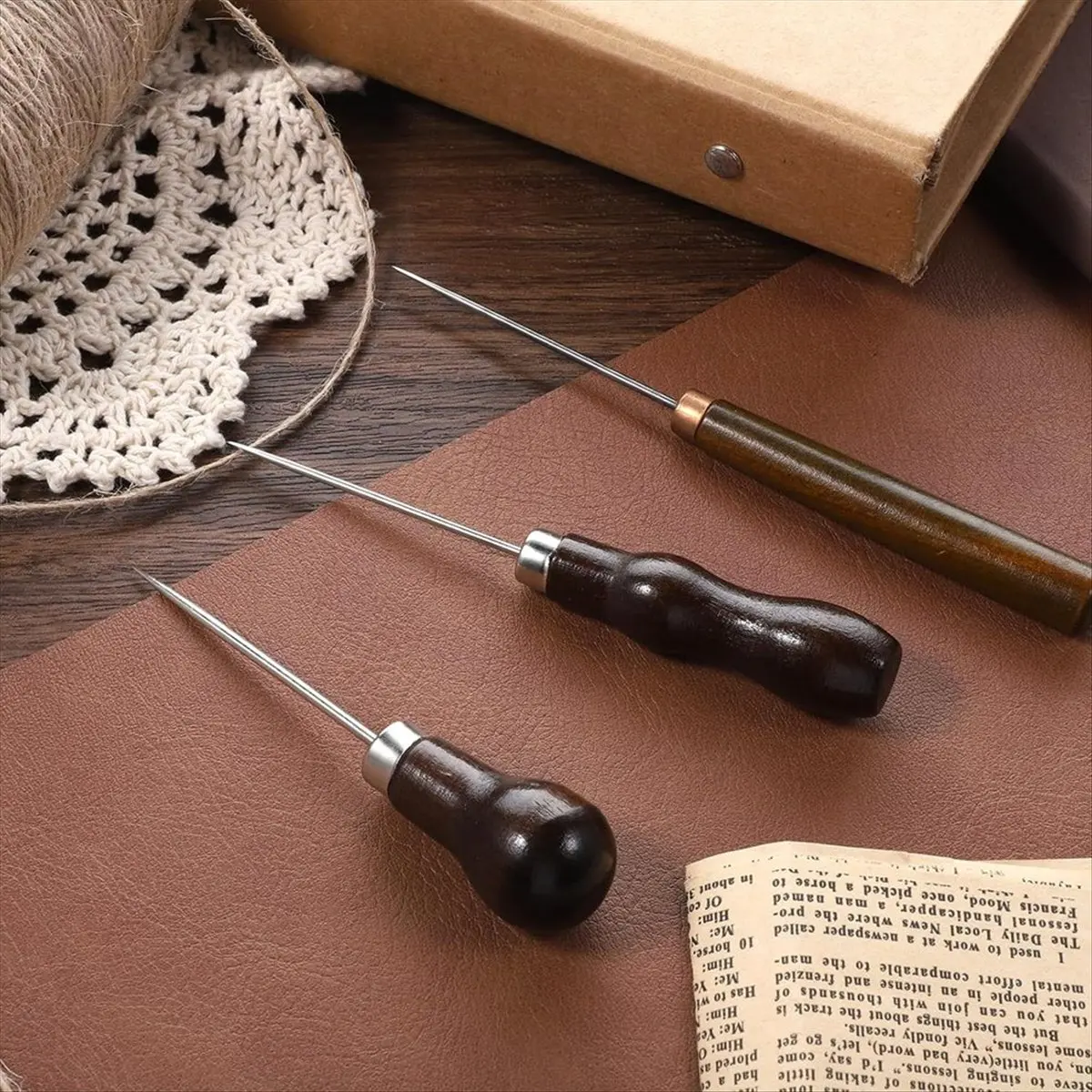 9 PCS Sewing Awl Set Gourd Shape Wooden Handle Scratch Awl Tool DIY Handmade Pin Punching-Needles Kit for Leather Sewing