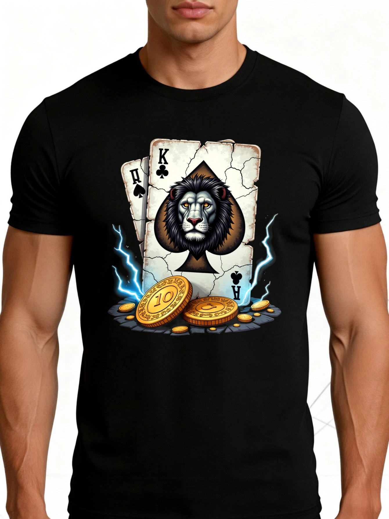 Casual Style Men's T-Shirt, Featuring the Design of the King of Cards Lion and Gold Coins, Suitable for Summer Wear, and Can Be Used as a Gift for Friends and Family.