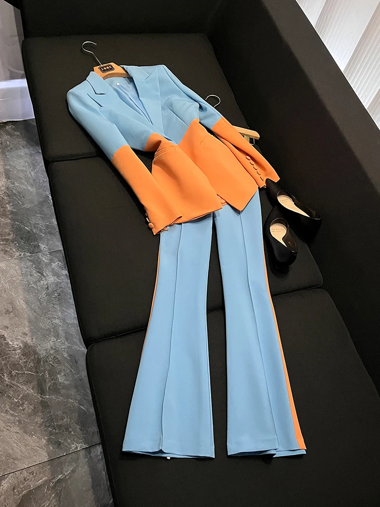 

Модный костюм с брюками-клеш для женщин: комплект с одной пуговицей, цветной блок-дизайн, для офиса, зимняя коллекция A6372