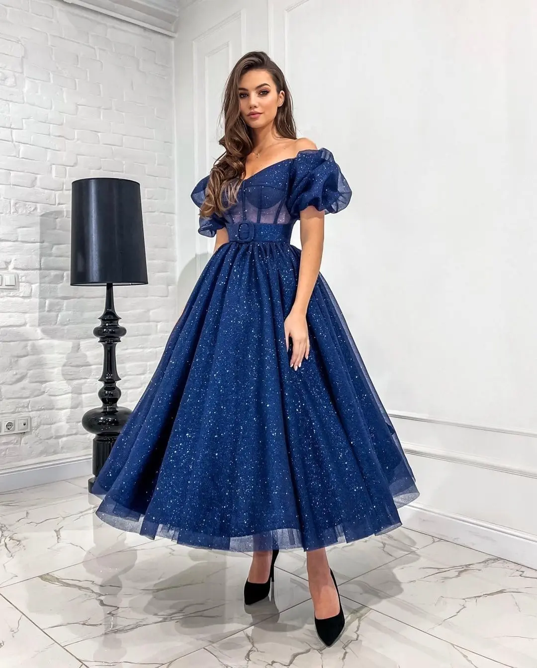 JEHETH Shiny Navy Blue Off Shoulder Prom Dresses Glitter Ankle Length Sweetheart Evening Gowns Puff Sleeve Backless Abendkleider