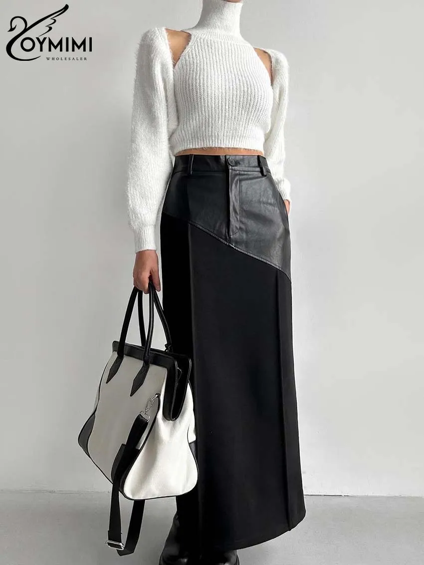 Oymimi Elegant Black Straight Women's Skirt Fashion Patchwork High Waisted Skirts Streetwear Casual Slit Ankle-Length Skirts