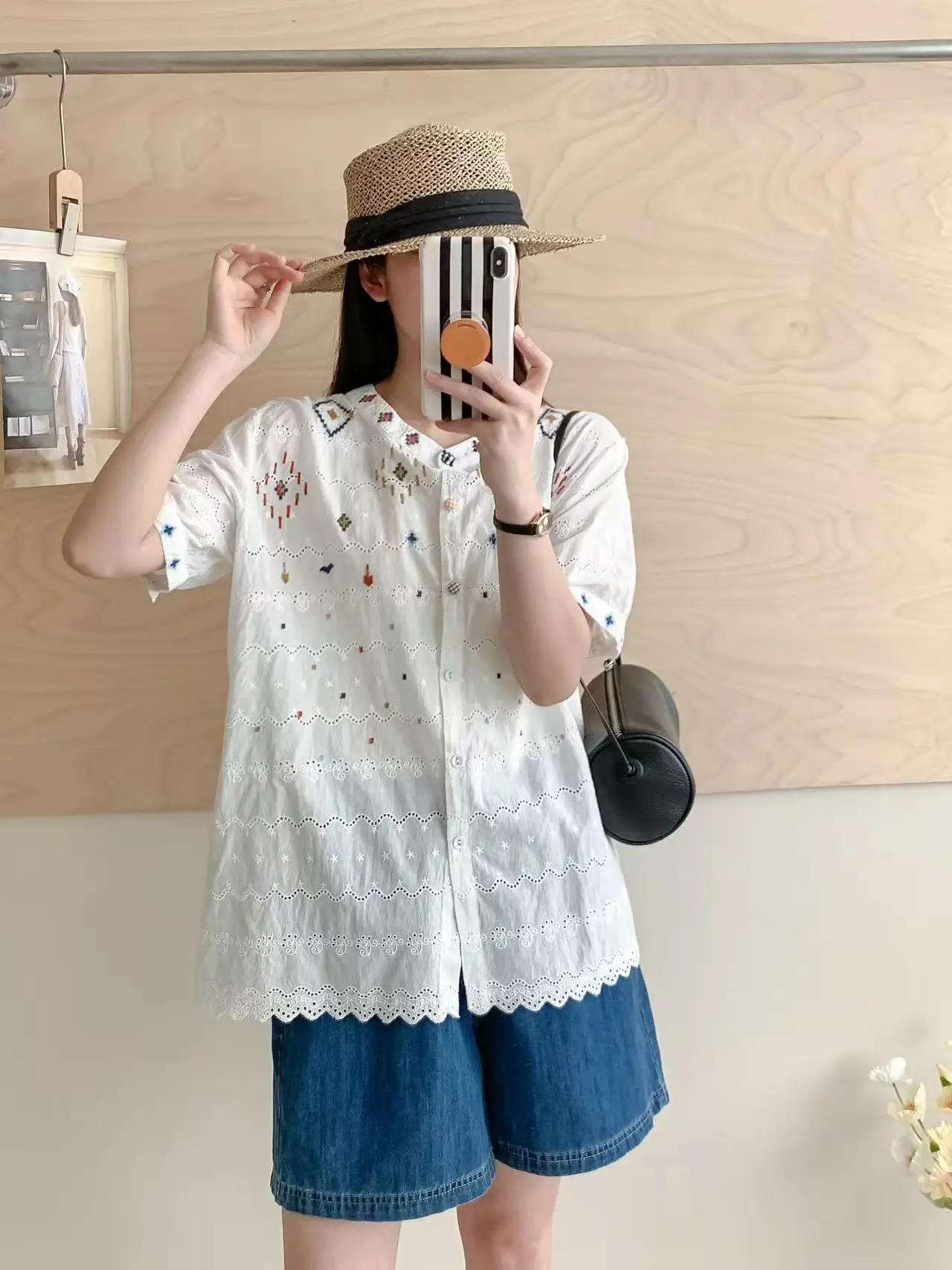 ใหม่2025ฤดูร้อนผ้าฝ้ายแขนสั้นเสื้อผู้หญิงยืนเย็บปักถักร้อย, MoriสาวRetroสไตล์จีนเดินทางเสื้อหลวมT56051CC