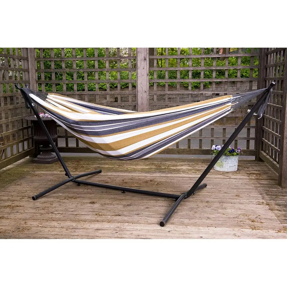 Double Cotton Hammock with Space Saving Steel Stand, Upgraded Polyester End Strings 450 lb acity - Premium Carry Bag Included (D
