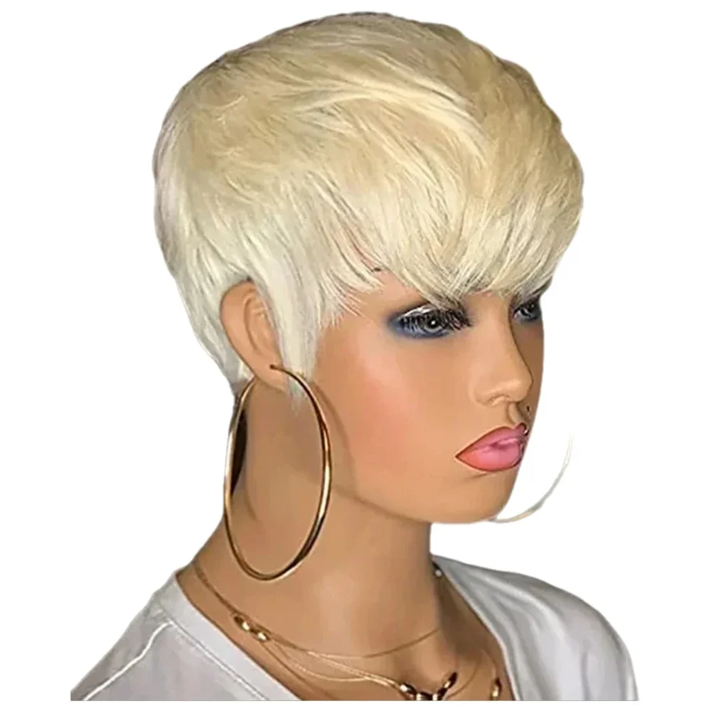 WHIMSICAL W Synthetic Short Straight Blonde Wig With Bangs For Women Pixie Haircut Wig Heat Resistant Natural Wigs