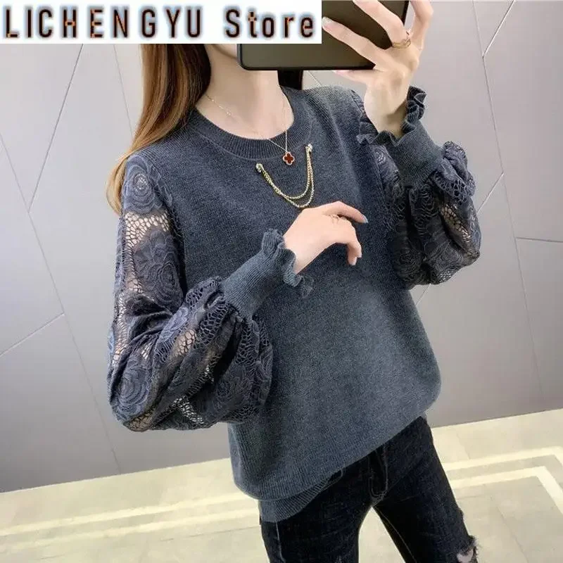 New Spring and Autumn Fashion Trend Hollow Out Embroidered Round Neck Foreigner Versatile Loose Thin Long Sleeve Knitted Sweater