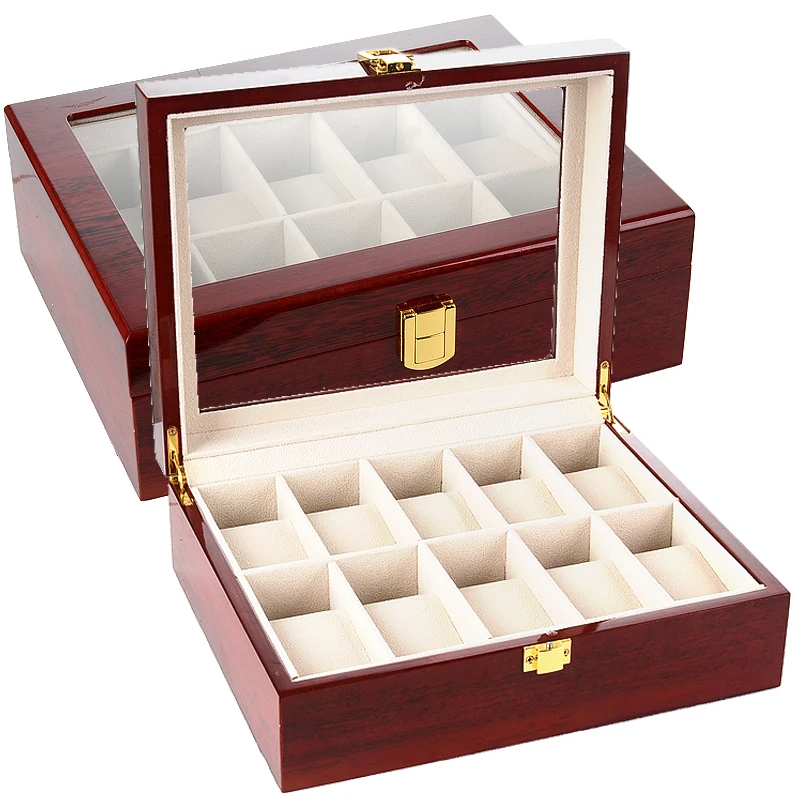 Wooden Watch Case Box Display Jewelry Holder Organizer for Men with Large Glass Lid and Removable Watch Pillow for Men and Women