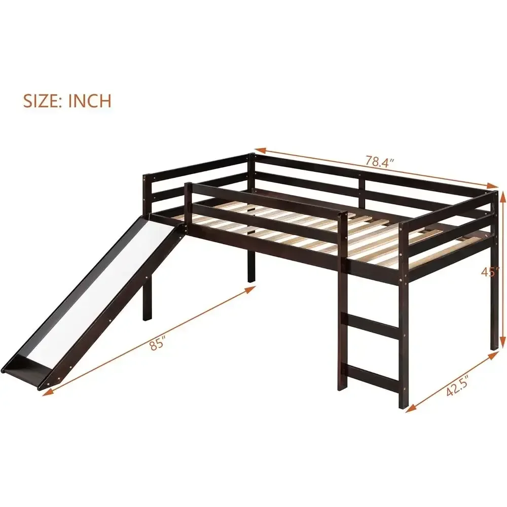 Twin Size Wooden Bunk Bed with Slide, Safety Rail, and Play Area for Kids