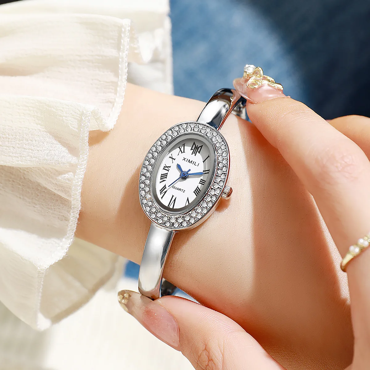 

Новые модные роскошные женские тонкие овальные часы с кристаллами, женские кварцевые часы из нержавеющей стали, женские часы с золотым браслетом, Reloj Mujer