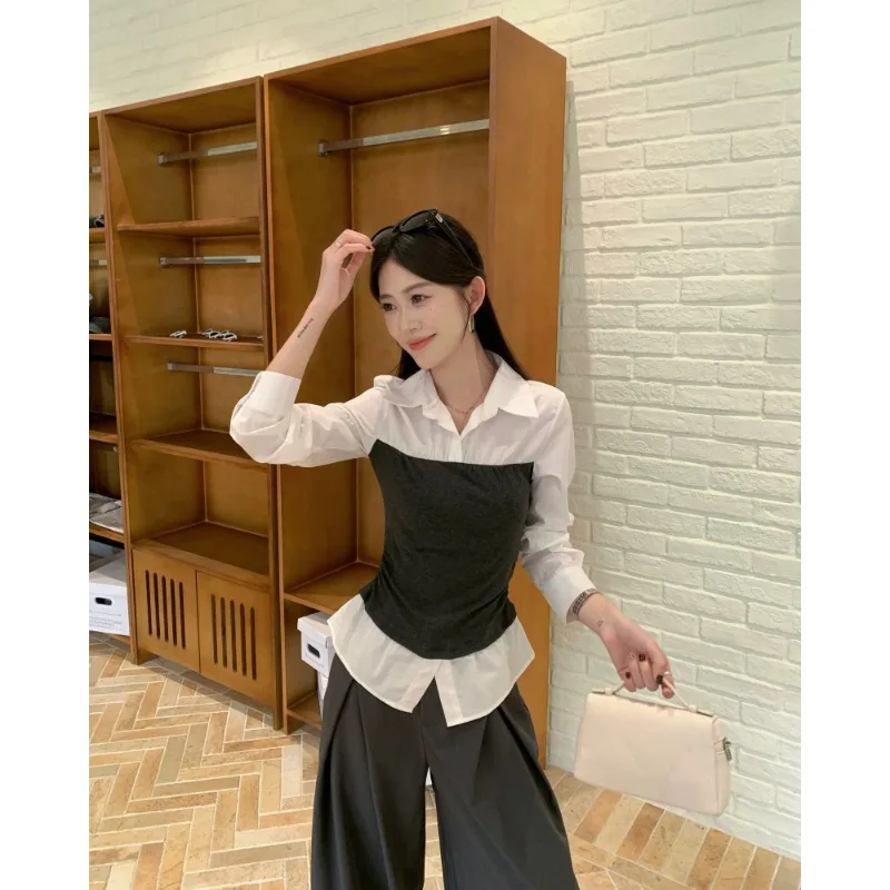 Sli V-Ne Long Sve irt المرأة لون بسيط Blo وهمية قطعتين الخريف تنوعا شخصية قمة العصرية لباس غير رسمي #3