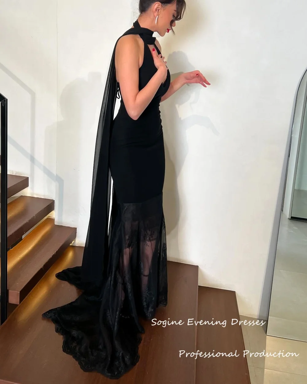 Koronkowe Sukienki Wieczorowe Damskie Na Zamówienie, Bez Rękawów, Na Szyję, Letnie Sukienki na Imprezę, Syrenie Sukienki Koktajlowe na Bal Maturalny z Szalem