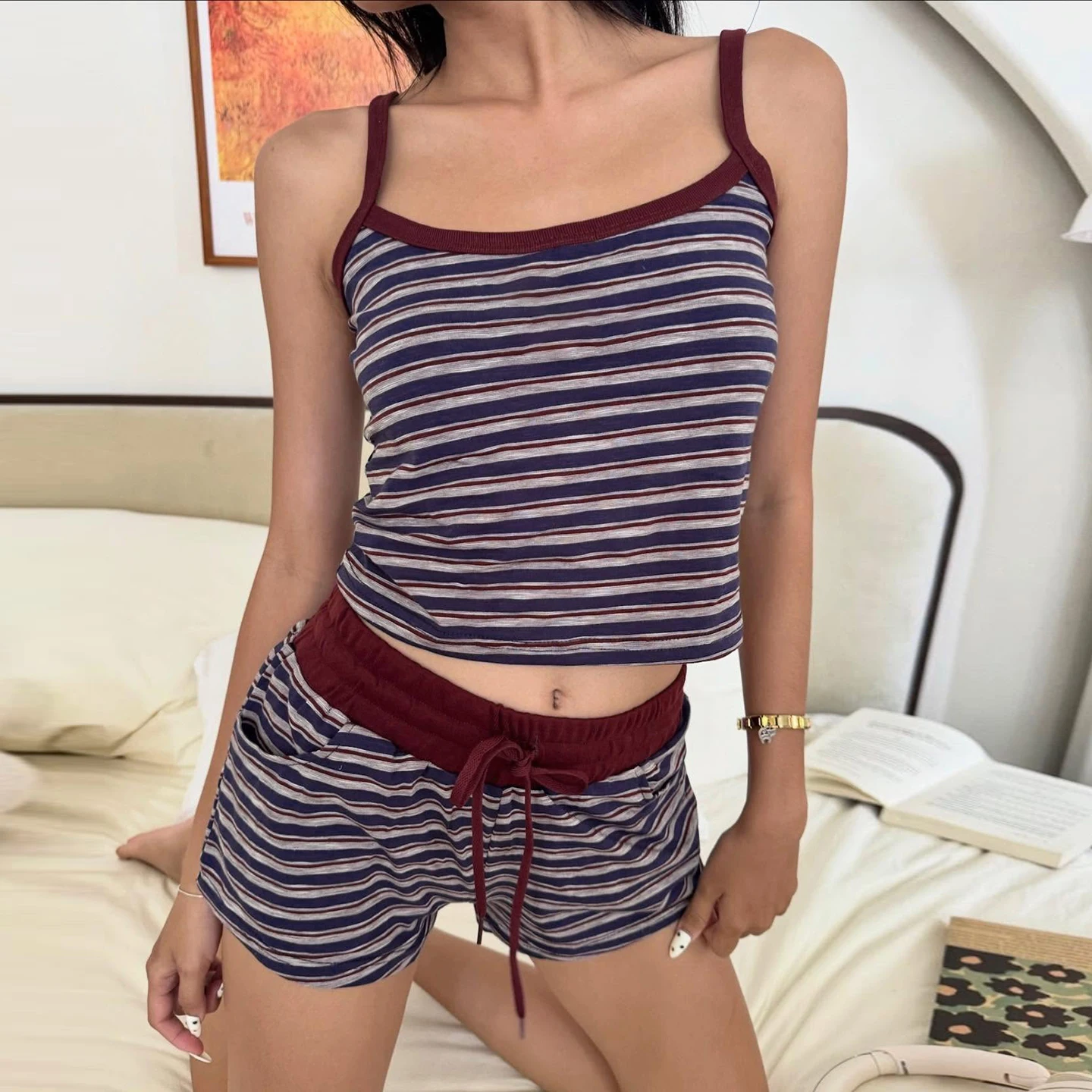 عادية التباين اللون مخطط السراويل مجموعات النساء Homewear سليم 2 قطعة مجموعات مائل الرقبة أكمام Csmis القمم منخفضة الخصر السراويل