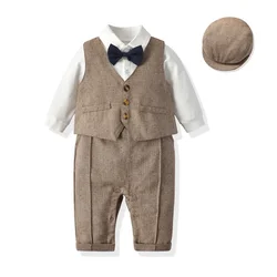 Baby Jongens Gentleman Outfits Past Kleding Lente en Herfst Kinderen Eendelige Rompertjes Jas Hoed Pak Baby Boy Kleding