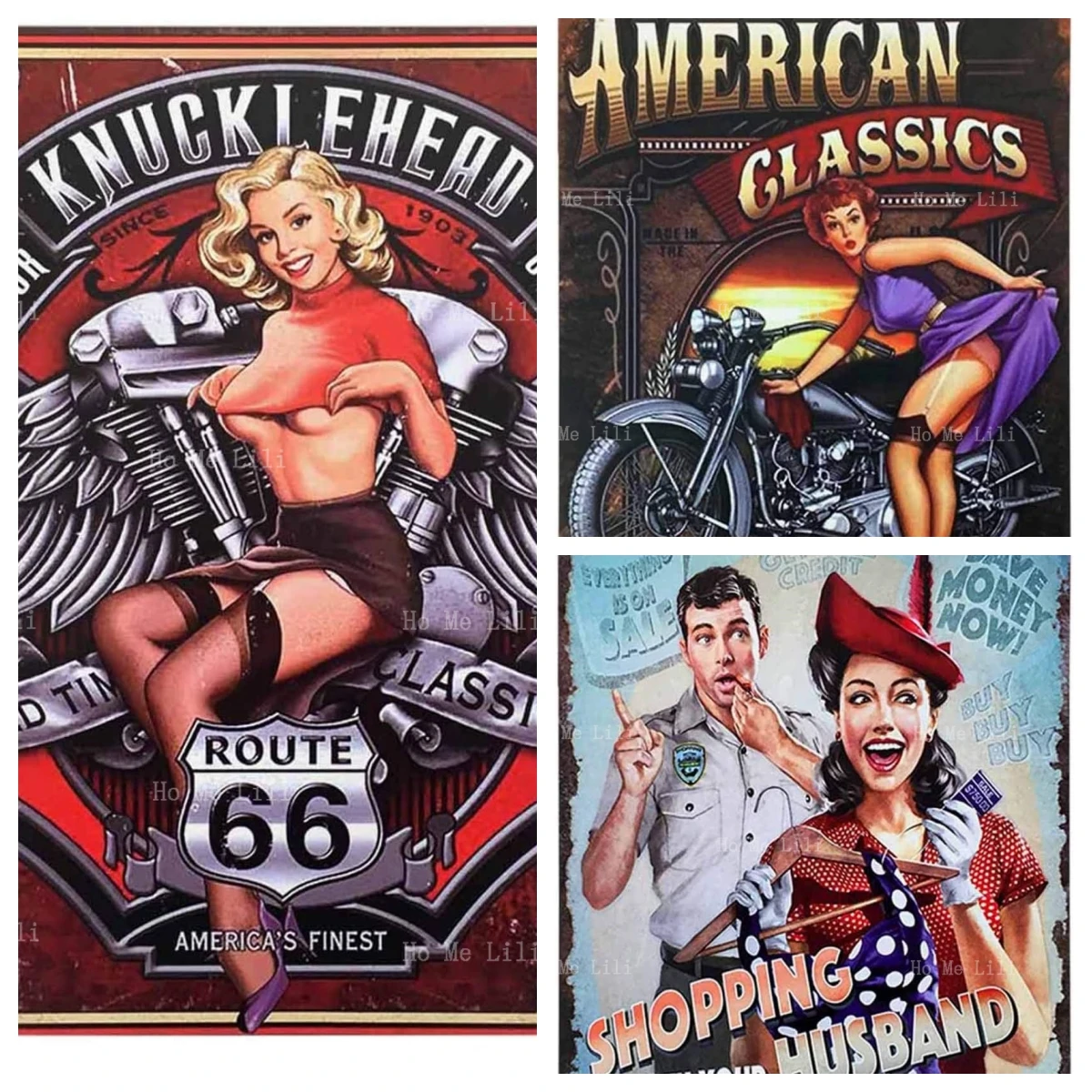 American Classic Route 66 Road Motorcross Pin Up Girl Metal Sign Plaque Retro Man Cave Home Wall Decor