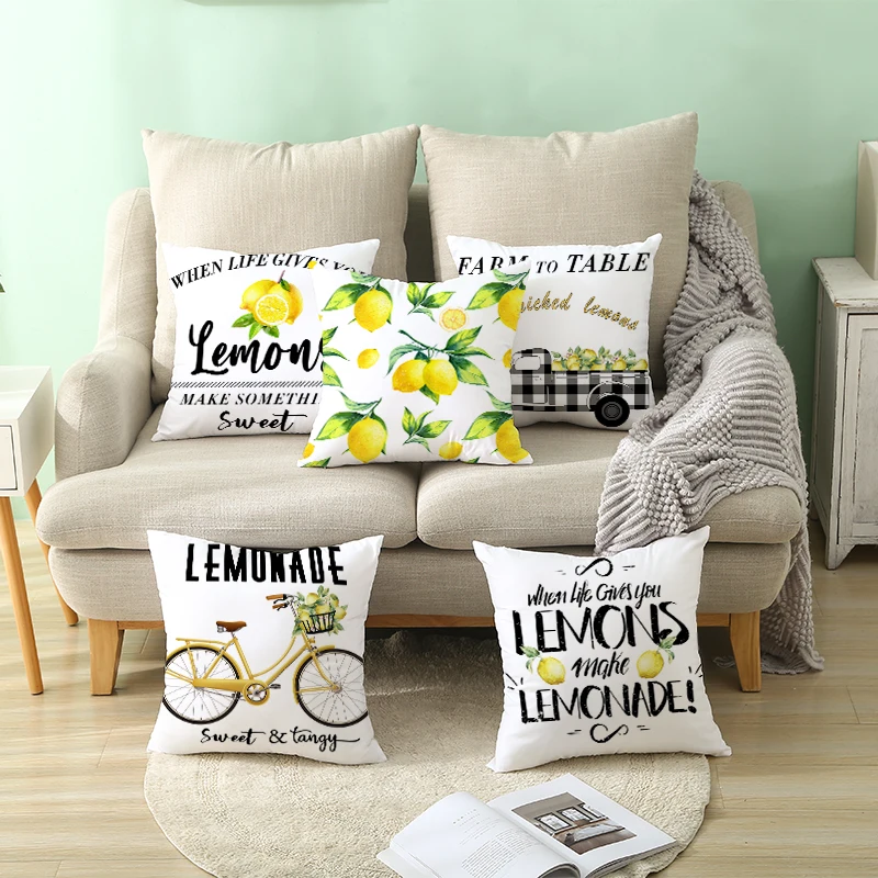 Funda de cojín de frutas de verano, funda de almohada de chartreuse, decoración de letras de limón, sofá nórdico para el hogar