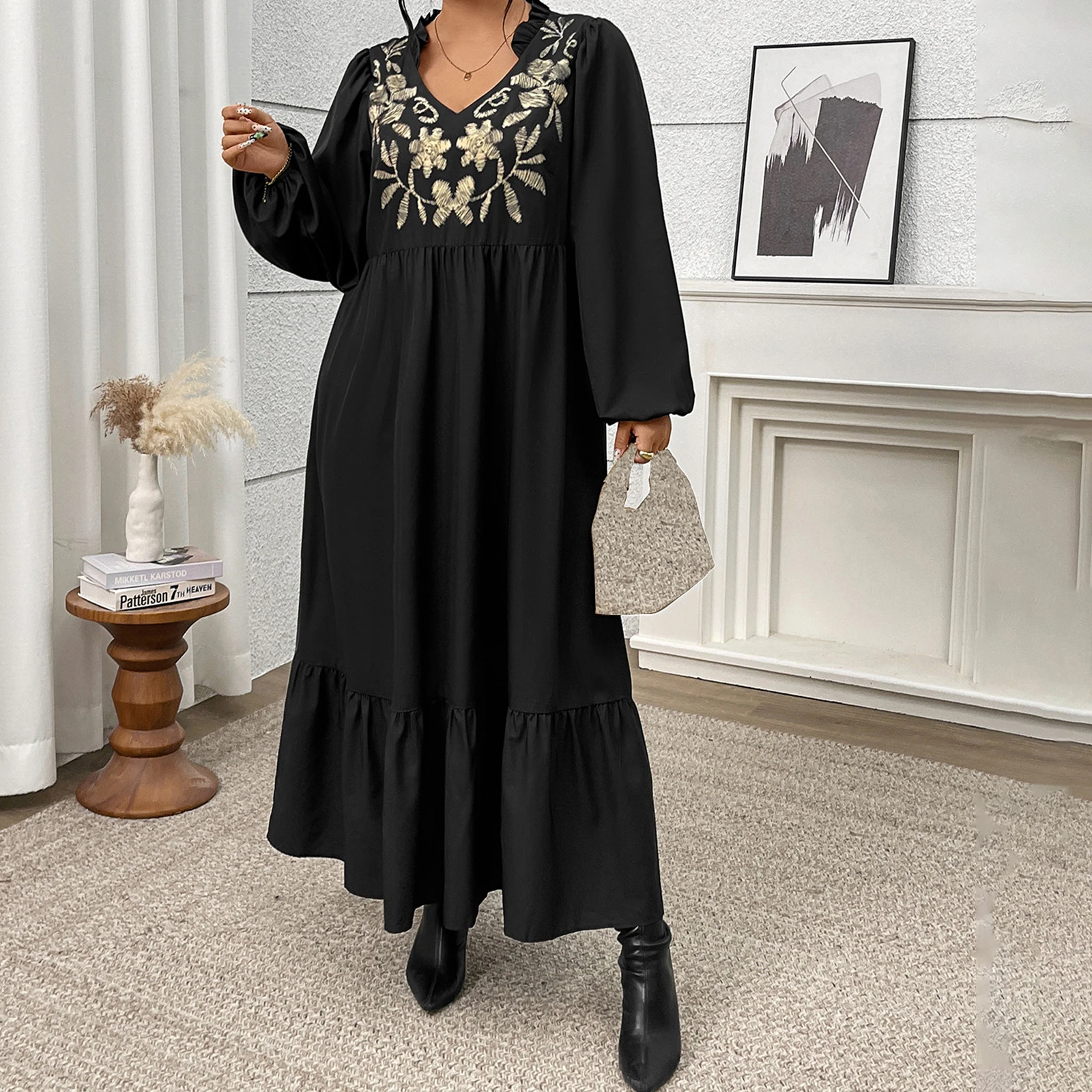 Vestido Floral de talla grande para mujer, vestidos largos holgados informales a la moda con dobladillo con volantes y manga larga, primavera 2026