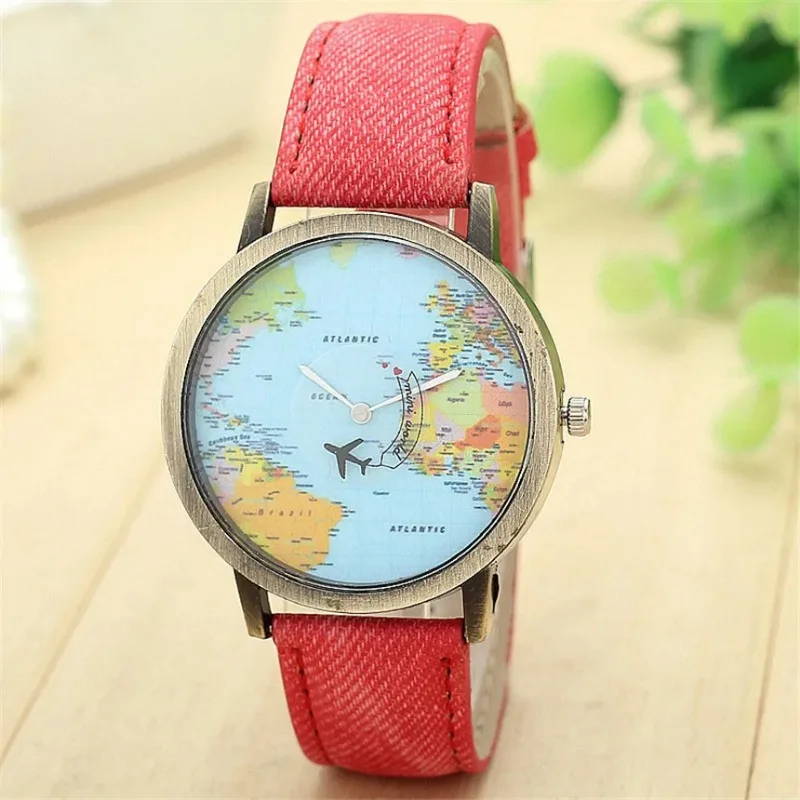 Mode rétro ceinture montre à Quartz avion orbite la terre Cowboy bracelet montre pour hommes femmes carte du monde impression cadran rond