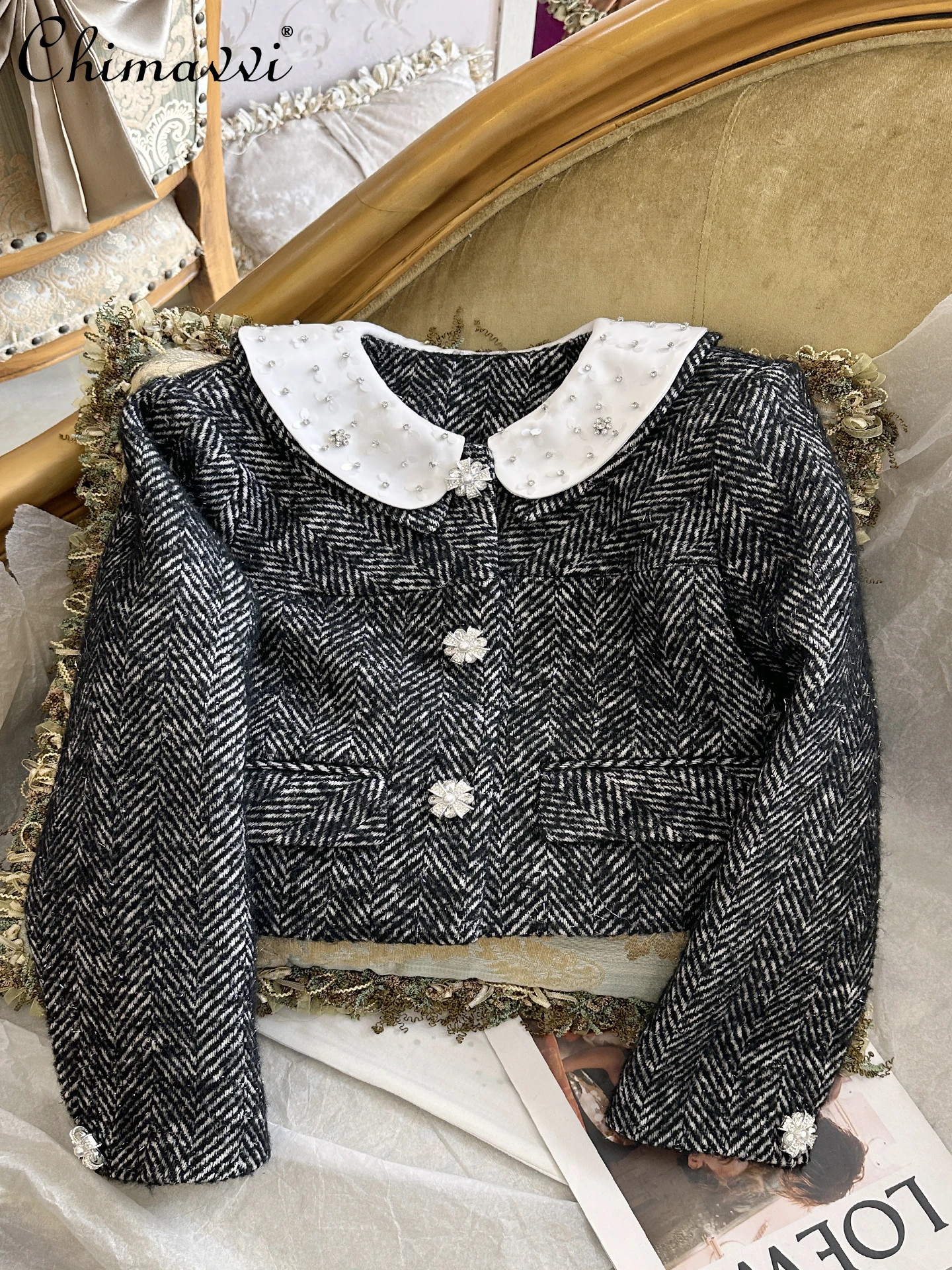 

Autumn Winter New Heavy Beaded Doll Collar Blazer French Fashion Long Sleeve Single-Breasted Elegant Diamond Collar Coat Top