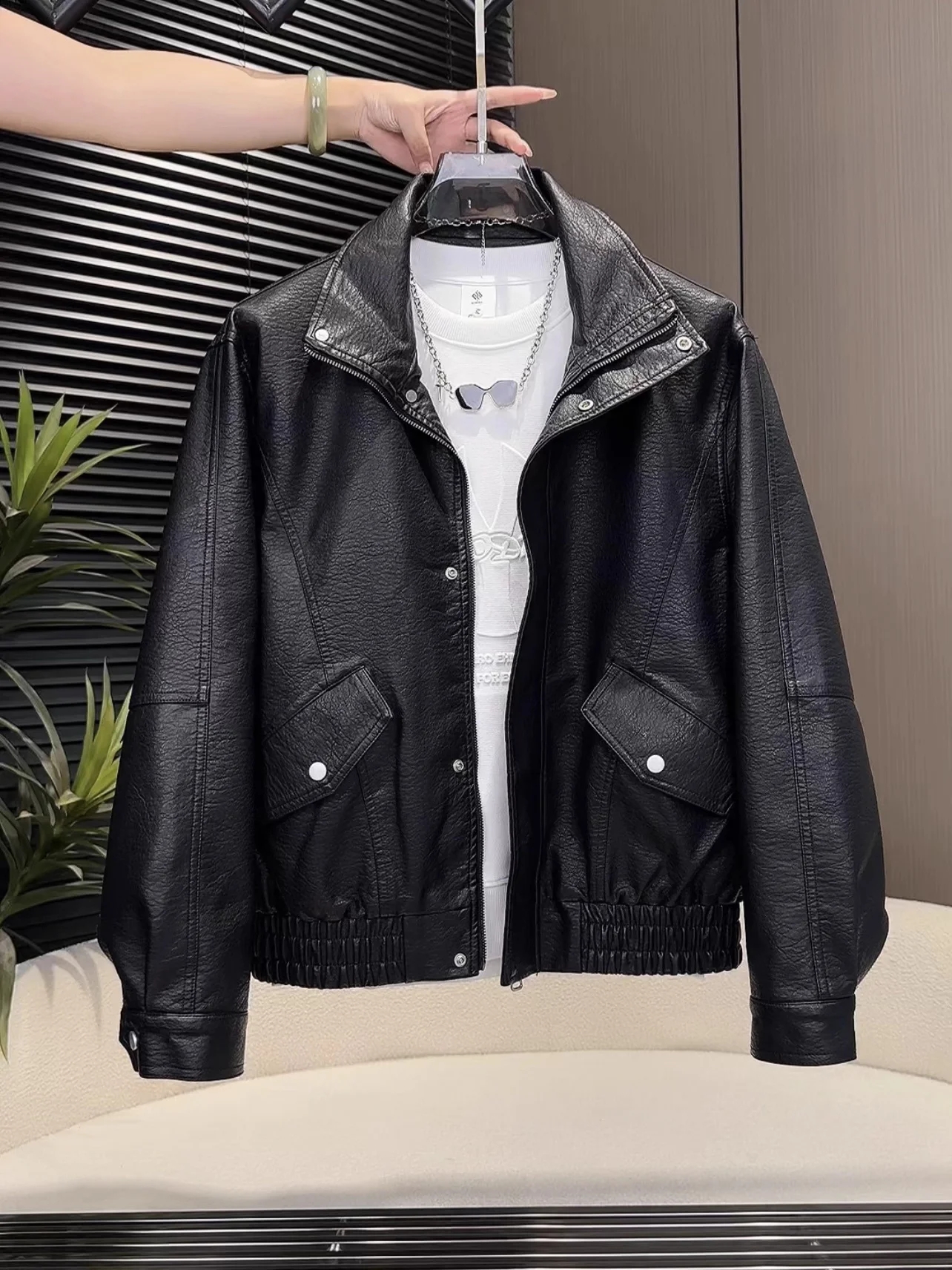 

Мужская повседневная куртка из искусственной кожи с воротником-стойкой и узором «Личи», осенняя трендовая верхняя одежда