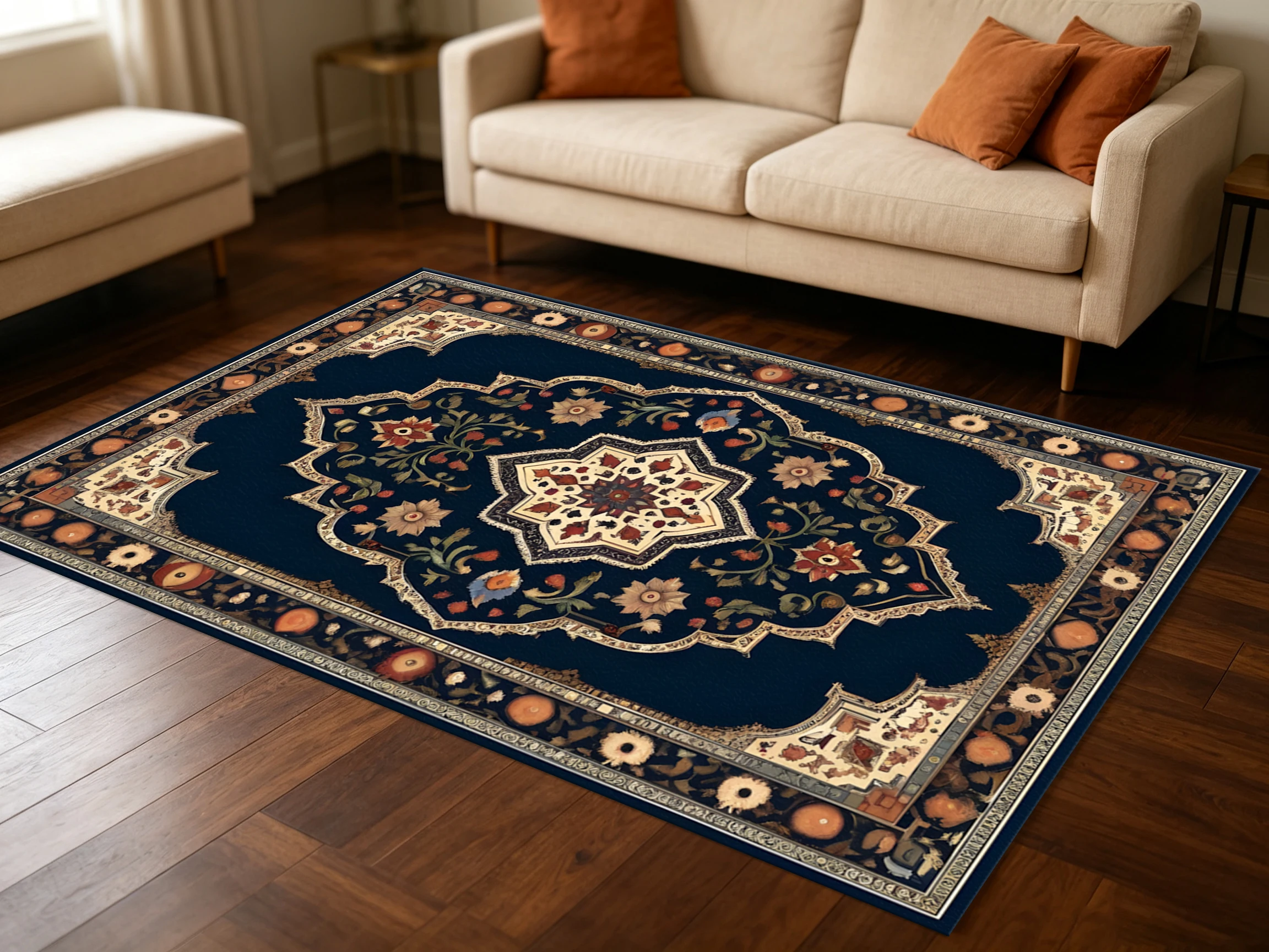 2D Large Rug with Retro Persian Star Flower and Intertwined Branch Pattern, a Light Luxury Exotic Style, Instantly Refreshes the Autumn and Winter Decor for the Living Room, Bedroom, and Coffee Table Area