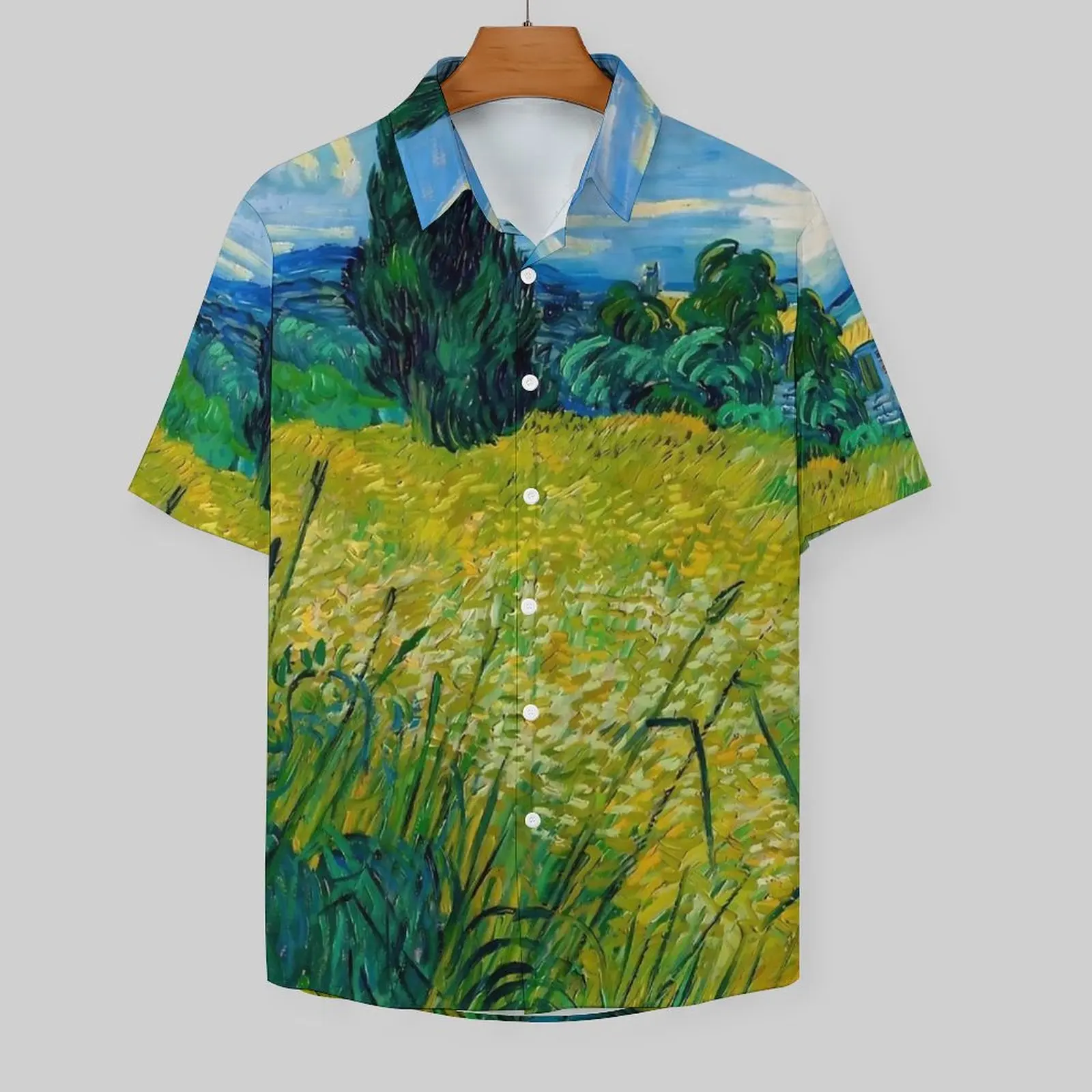 Van Gogh Beach Shirt Men Green Wheat Field Elegant Casual Shirts Hawaii Short Sleeve Y2K Street Plus Size 4XL Blouses Gift Idea