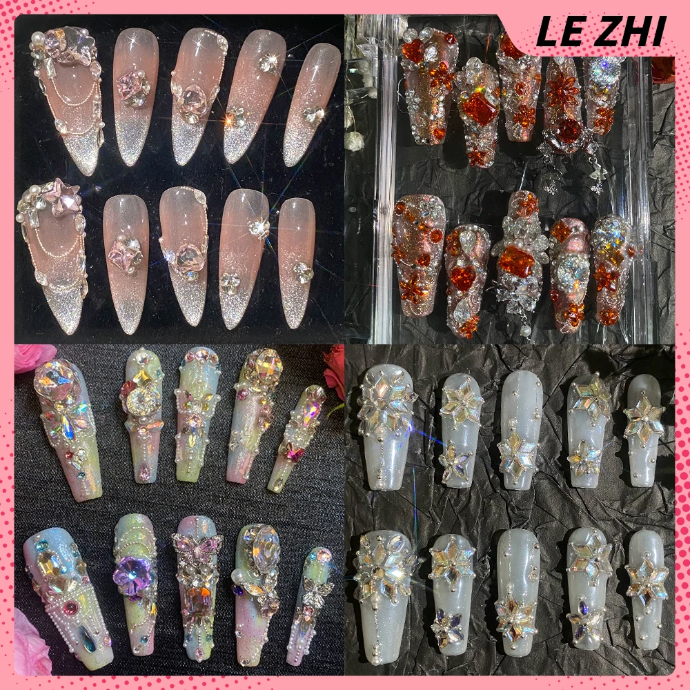 

High Quality Shining Diamond Handmade Long Coffin Press On Nails Light Luxury Fashion Flowers Pearl Chain Wearable Fake Nail