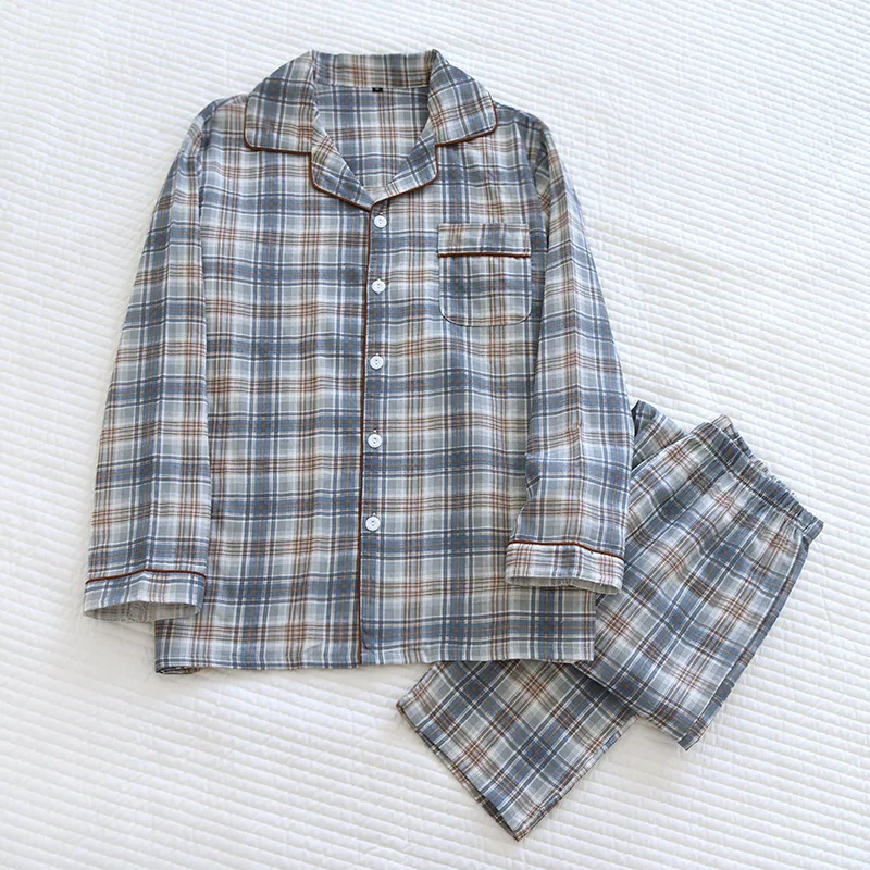 2024 Spring Autumn Men Casual Plaid Pajama Sets Male 100% Cotton Sleepwear Suit Long Sleeve Turn-down Collar Shirt & Pants