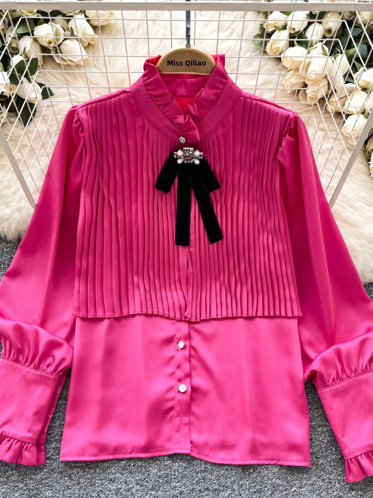 

Spring Fashion Small Fragrance Style Women's Shirt Satin Surface Pleated Knot Decoration Loose Fit Korean Version