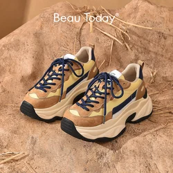 BeauToday Chunky Sneakers Casual donna piattaforma in pelle scamosciata di maiale punta tonda colori misti scarpe da ginnastica da donna stringate fatte a mano B29430