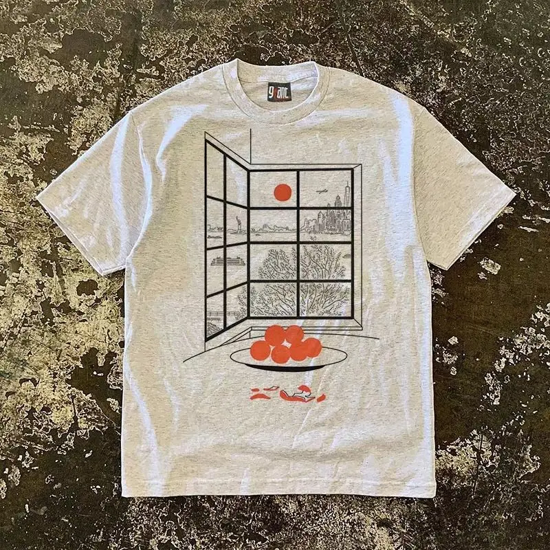 

Invisible 2025 Spring and Summer New Window Scenery American Harajuku Couple Pure Cotton Printed Short Sleeve T