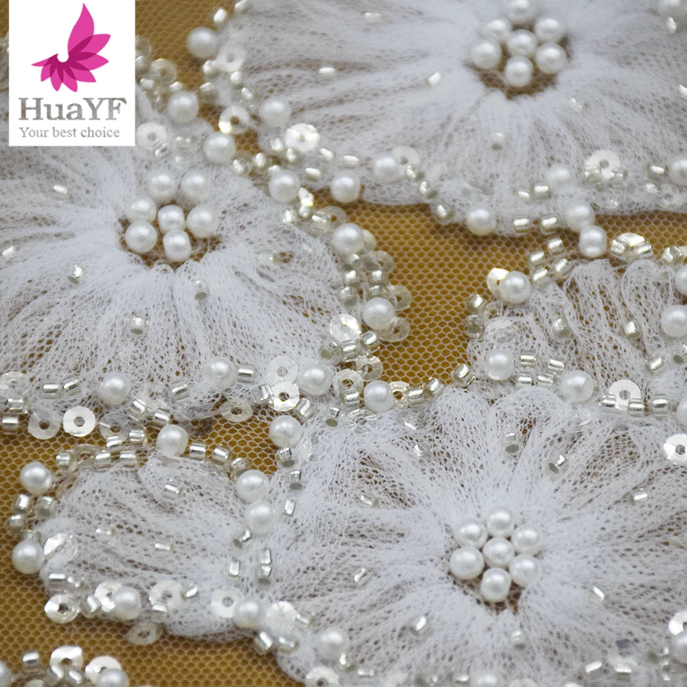 Hot Sales 3D Embroidery Coiling Lace With Beads  Pearls and Sequins Wedding Dress Fabric For 5 Yards HY2480