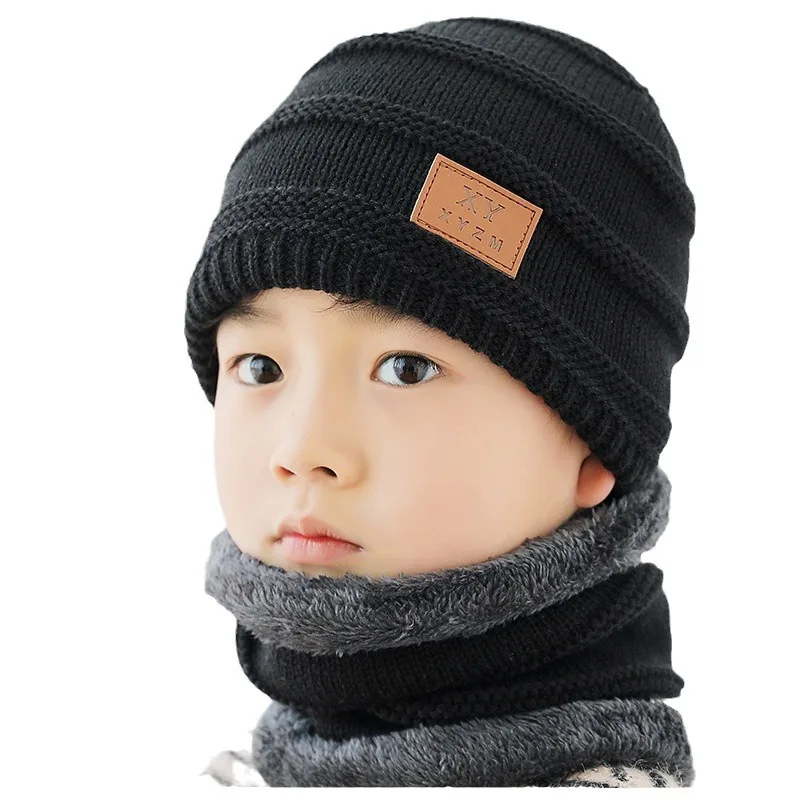 New Kids Winter Warm Knitted Hat with Scarf Set Skullies Beanies for 3-14 Years Old Boy\'s Children cute Hat Scarf Set Beanie Cap