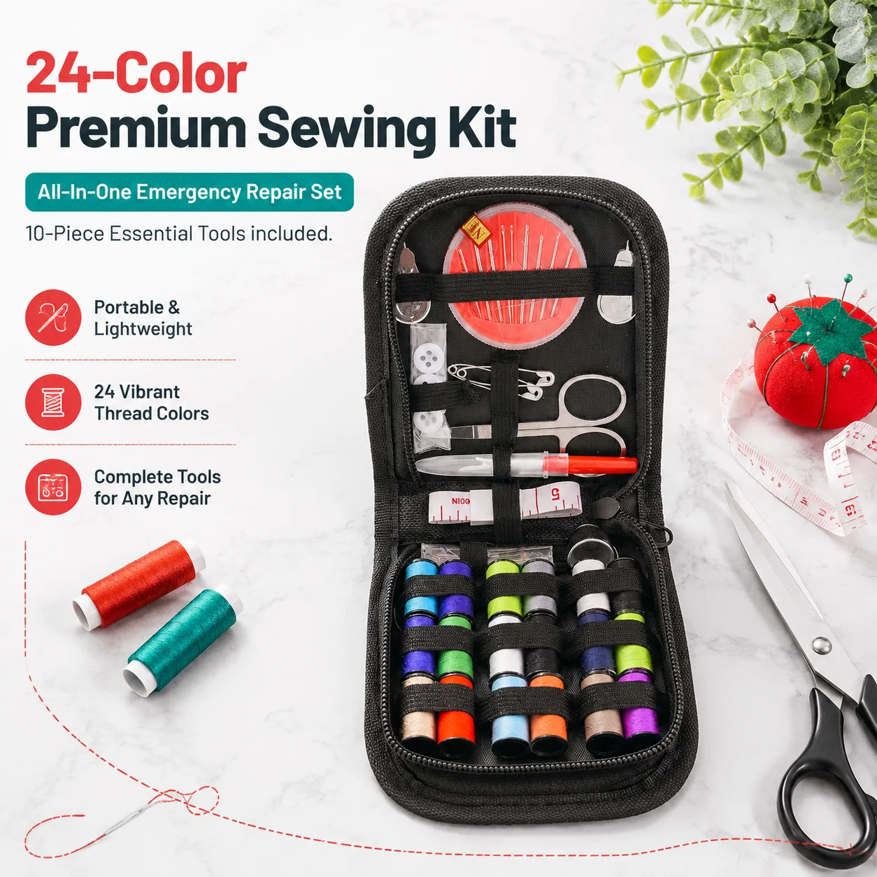 24-Color Portable Sewing Kit - All-in-One Emergency Repair Set for Home, Travel & Daily Clothing Fixes